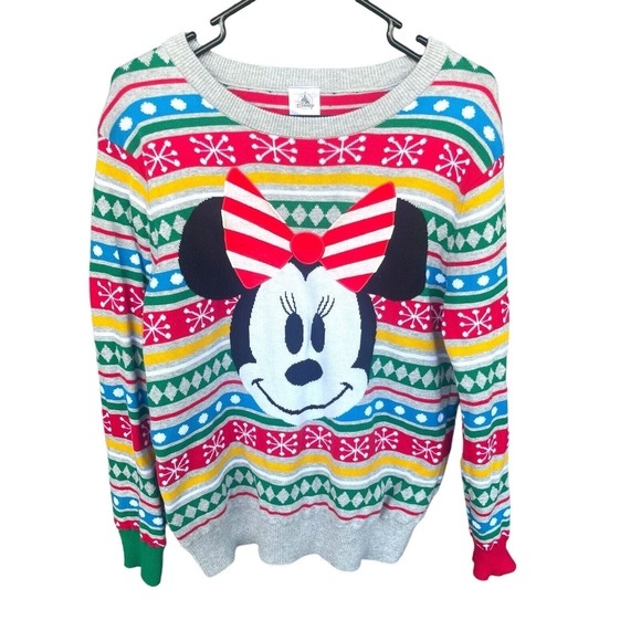 Disney Sweaters - Disney Sweater Womens Medium Minnie Mouse Striped Embroidered Multicolor Stretch
